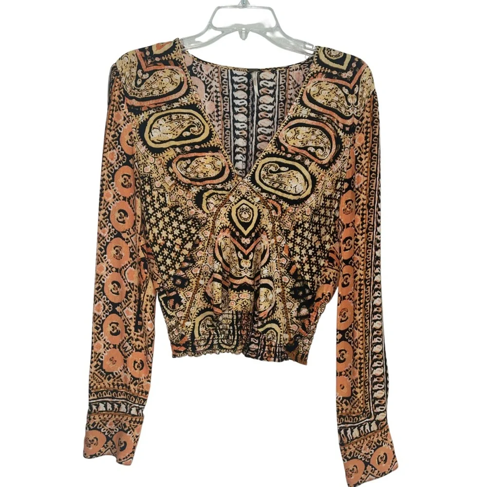 Free People Wild & Free Long Sleeve Print Crop Top V-Neck Boho Size Small